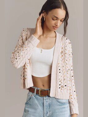 NEW One Size Womens Embellished Cable-Knit Cardigan Sweater Cream, Anthropologie